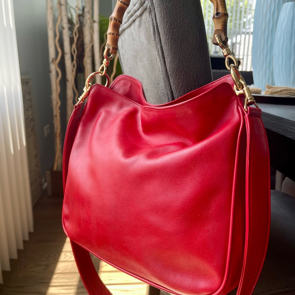 Gucci Bamboo Vintage Red Leather Handbag with COA